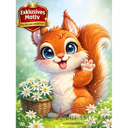 🐿️ Kawaii Diamond Painting Set „Süßes Eichhörnchen mit Edelweißkorb“ – Niedliches DIY Motiv