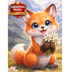 🦊 Kawaii Diamond Painting „Süßer Fuchs mit Edelweiß“ – Niedliches DIY Motiv
