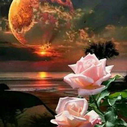Mond mit Rosen und Sonnenuntergang - 5D DIY Diamond Painting