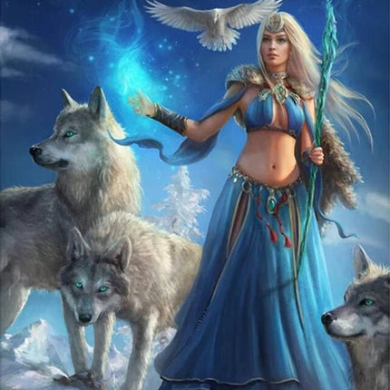 Nymphe mit blauem Kleid und Wölfen - 5D DIY Diamond Painting