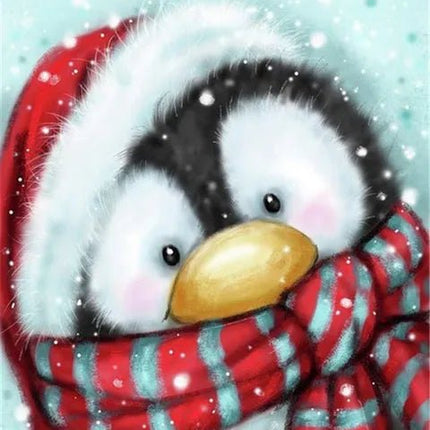 Pinguin mit rotem Schal - 5D DIY Diamond Painting