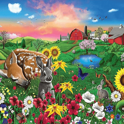 Reh und Hase auf Blumenwiese - Voll AB 5D DIY Diamond Painting