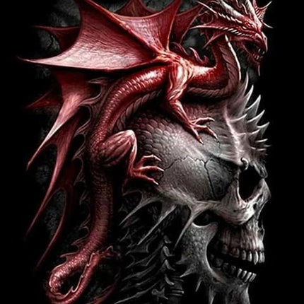 Roter Drache sitzt auf Schädel - 5D DIY Diamond Painting