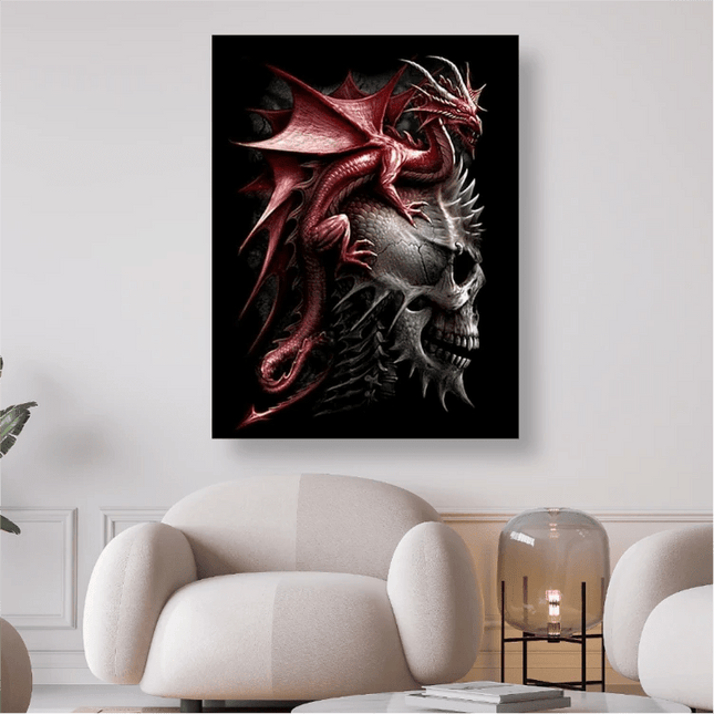 Roter Drache sitzt auf Schädel - 5D DIY Diamond Painting