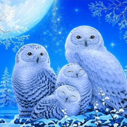 Schneeeulen mit Jungen im Mondlicht - 5D DIY Diamond Painting