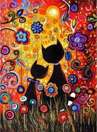 Schwarze Katzen in Blumenwiese - Voll AB 5D DIY Diamond Painting