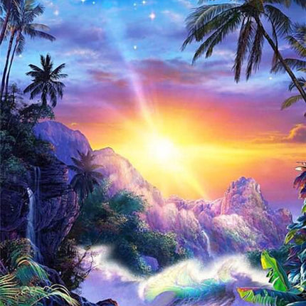 Sonnenuntergang mit Palmen, Bergen und Meer - 5D DIY Diamond Painting