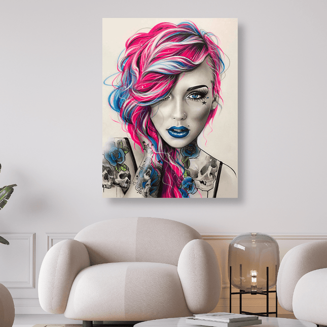 Tätowierte Frau mit Pink/Blauen Haaren - 5D DIY Diamond Painting