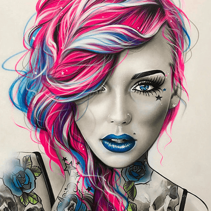 Tätowierte Frau mit Pink/Blauen Haaren - 5D DIY Diamond Painting