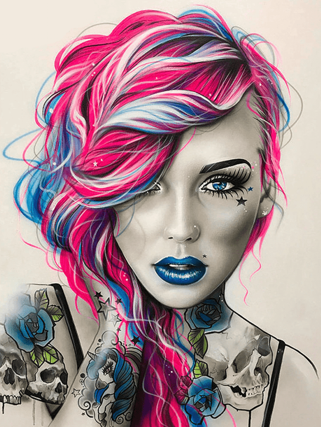 Tätowierte Frau mit Pink/Blauen Haaren - 5D DIY Diamond Painting