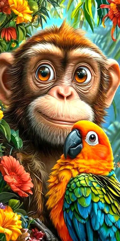 Vogel mit Affe - 5D DIY Diamond Painting