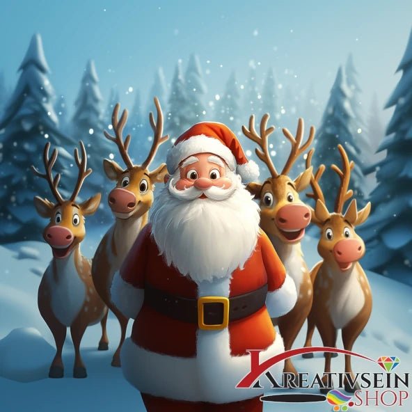 Weihnachtsmann mit Rentieren im Winterwald - 5D DIY Diamond Painting