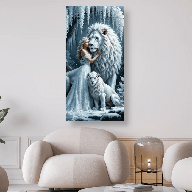 Weisse Löwen mit Frau - 5D DIY Diamond Painting