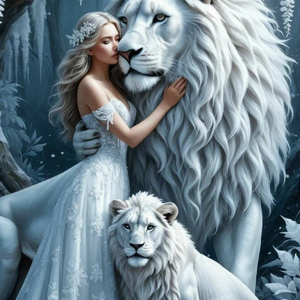 Weisse Löwen mit Frau - 5D DIY Diamond Painting
