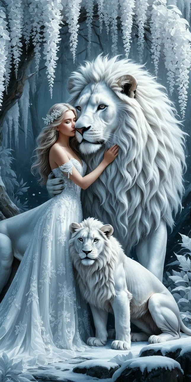 Weisse Löwen mit Frau - 5D DIY Diamond Painting