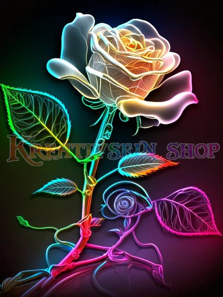 Weisse Rose mit regenbogenfarbigen Stiel - 5D DIY Diamond Painting