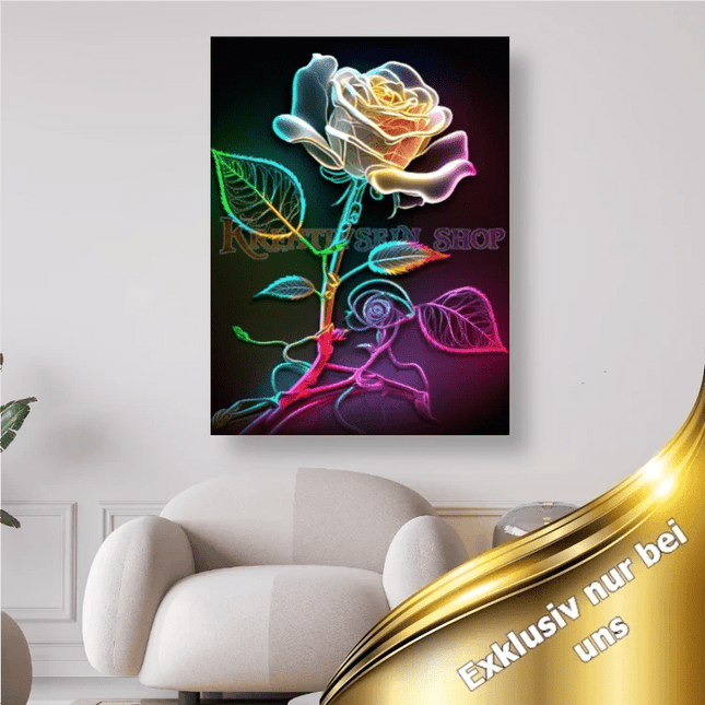 Weisse Rose mit regenbogenfarbigen Stiel - 5D DIY Diamond Painting