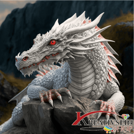 Weisser Drachen auf Felsen - Malen nach Zahlen
