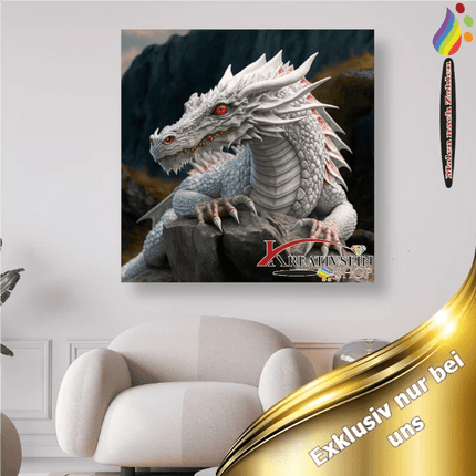 Weisser Drachen auf Felsen - Malen nach Zahlen