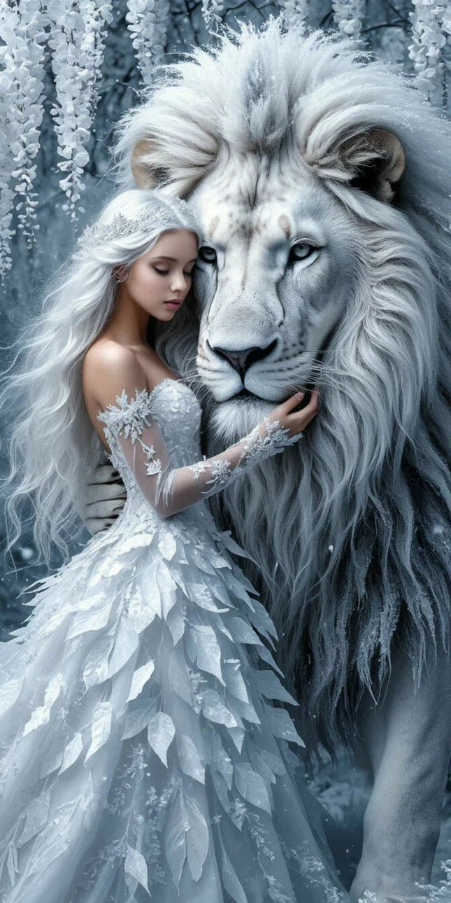Weisser Löwe mit Frau - 5D DIY Diamond Painting