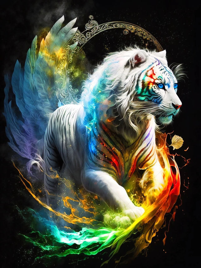 Weisser Tiger im regenbogenfarben Wirbel - 5D DIY Diamond Painting