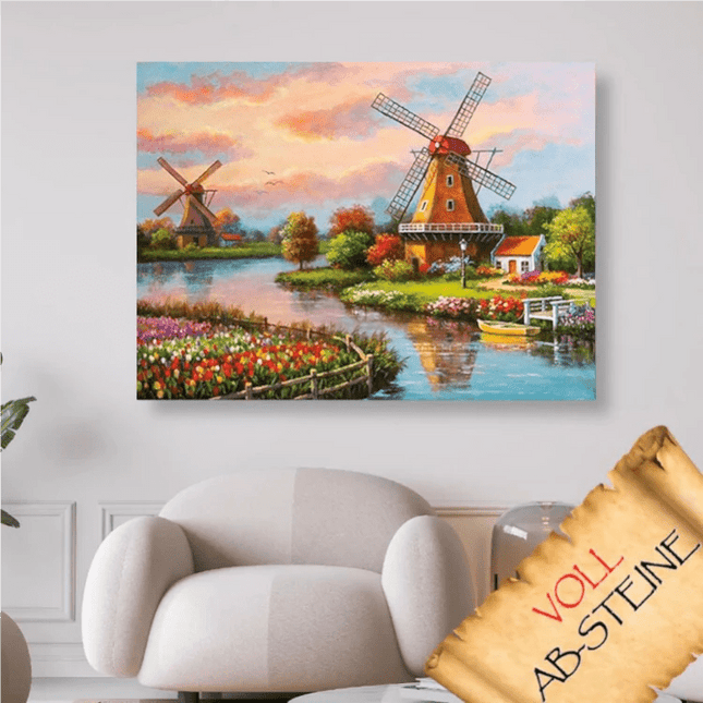 Windmühlen am Fluss - Voll AB Diamond Painting