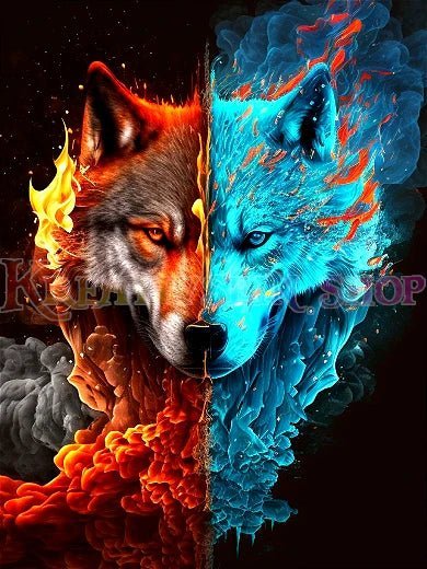 Wolfskopf halb Feuer halb Wasser LA - 5D DIY Diamond Painting