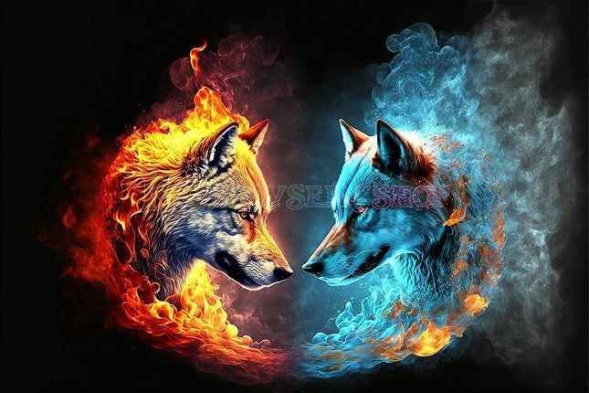 Wolfsköpfe Feuer Wasser - 5D DIY Diamond Painting