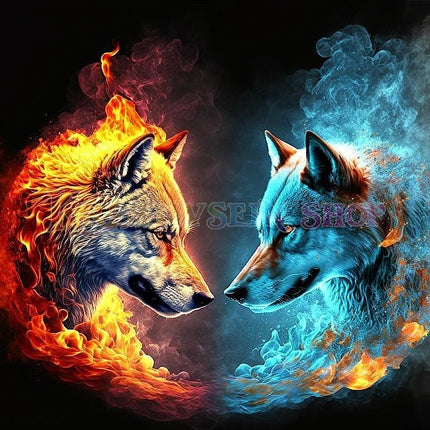 Wolfsköpfe Feuer Wasser LA - 5D DIY Diamond Painting